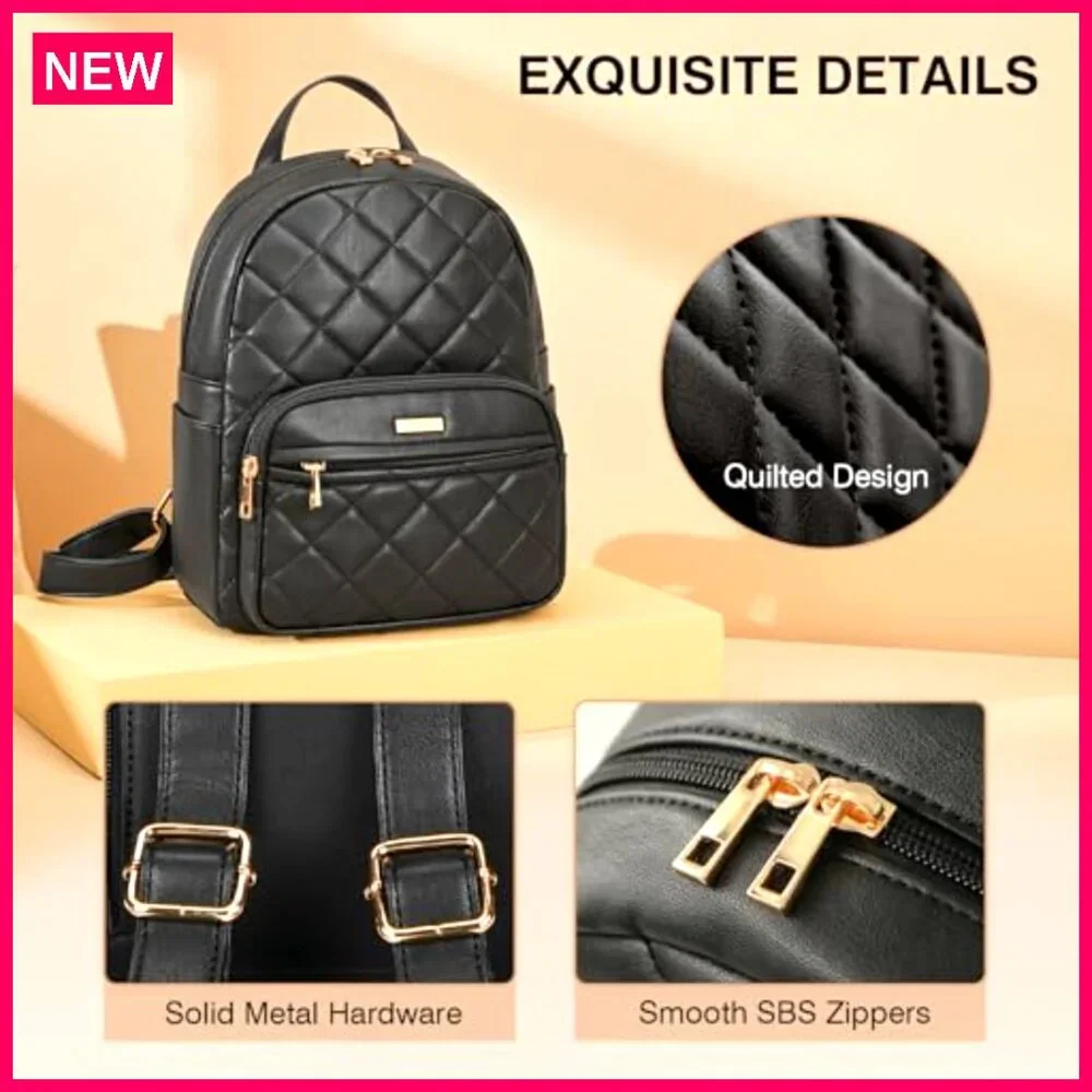 Vegan Leather Mini Backpack - Lightweight Daypack with Multiple Pockets - Picture 7 of 7